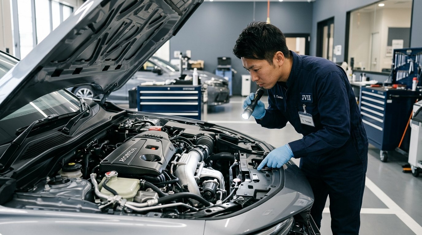 Automotive inspector checking chassis number stamping in vehicle engine bay